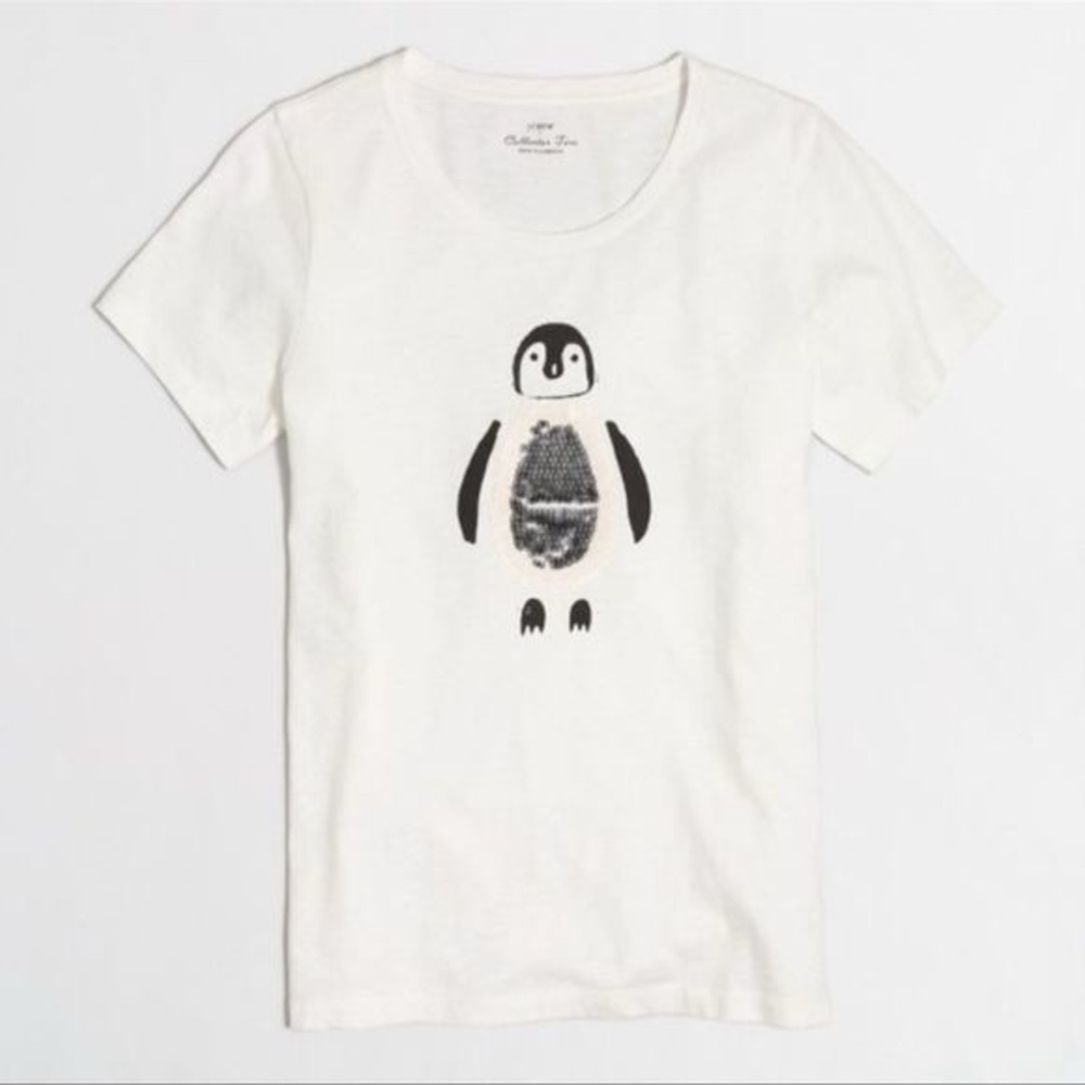J.Crew Collector Cream Tee with Sequin Penguin Graphic 100% Cotton Size Small